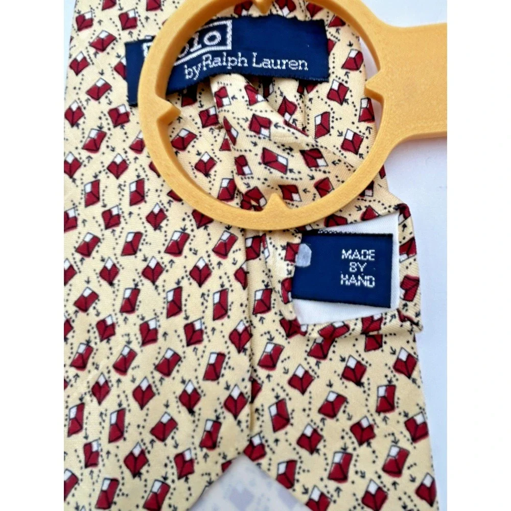 Vintage Polo‎ Ralph Lauren Mens Silk Tie Yellow Red Geometric Print Made in USA